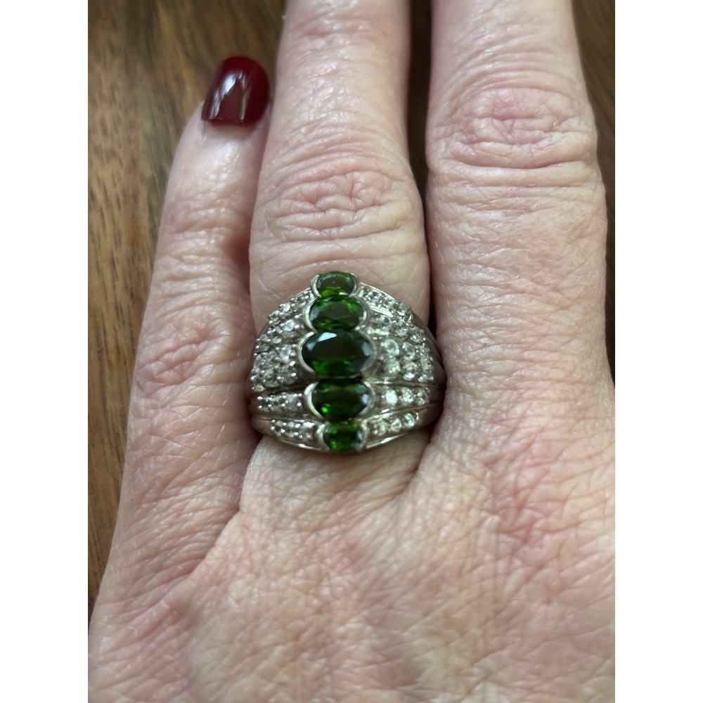 Vtg.Green Tourmaline & White Topaz Cocktail 925 Ster.Silver Ring Size 7 - Picture 8 of 9